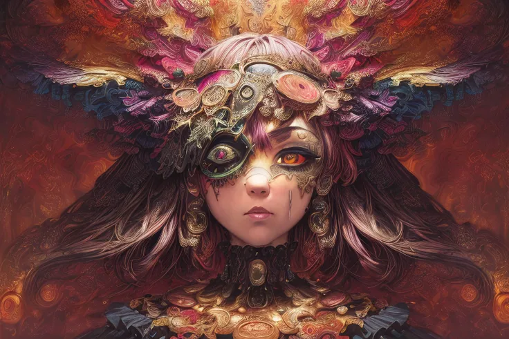 (masterpiece, best quality, absurdres:1.4),  (official art:2.0),  1girl, <lora:add_detail:1.5>, (by Josephine Wall:1.3), (Maximalism:2), (complicated background, complicated decorations, complicated dress, gold decorations, copper decorations:1.5), red blood eyes, crying, (eye mask:1.5), (extreme detailed:1.5),(fractal art:1.7),highest detailed, clockpunk, steampunk, gears,