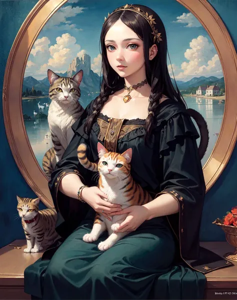 (masterpiece, top quality, best quality, official art, beautiful and aesthetic:1.2), woman and cat, (Mona Lisa:0.8), image fill, oil painting, (cat)