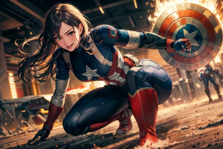 superhero landing,1girl, solo, very long hair, black eyes, smile, masterpiece, perfect anatomy, (Captain America costume:1.1), Moderate hips, Leather pants, Left hand clenched, The battlefield, cinematic lighting, 8k, best quality, anatomically correct, high details