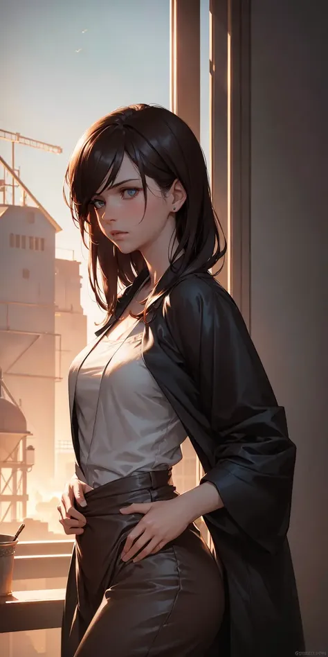 upper waist portrait of a gorgeous young woman , Redshift render, Thermal camera, zoomed out of a Enchanted Silky Classical Dwight Schrute visiting a Grain elevator, wearing [Wide-leg jumpsuit and clutch|Harrington jacket], Light hair styled as Slicked-back, Sun in the sky, Movie still, Abstract Art, dramatic lighting, Selective focus, Film grain, beautiful, (art by Greg Rutkowski:1.1), (art by Greg Rutkowski:1.0),art by Greg Rutkowski