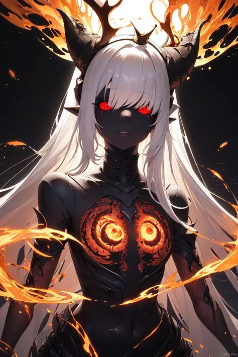 masterpiece, best quality, ultra-detailed, absurdres, colorful, 1girl, solo, (solid red eyes:1.0), (white hair, long hair, straight hair, hair over one eye:1.0), detailed eyes, wide-eyed, eyelashes, (upper body:0.8), monster girl, side view, glowing eyes, tilted head, night, black suit, pointy ears, horror, dark, black background, looking at viewer, crown, high contrast, backlighting, (standing:0.8), aura, fractal background, chaotic, spiral, demon horns, energy, mosaic, inferno