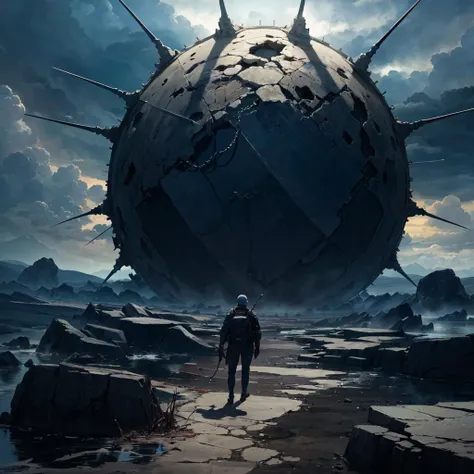 A man standing in front of a giant ball of rocks - SeaArt AI