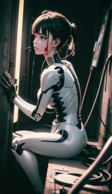 ((1 mechanical girl, single person, full body, mechanical joints, mechanical limbs, blood vessels connected to tubes, mechanical spine, attached to the back, mechanical neck, sitting, expressionless, wires and cables around the neck, wires and cables on the head, Masterpiece, superb, ultra-fine, ultra-fine 8K Unity game CG, extremely delicate and beautiful, viewed from the side, film light,)), ((high quality:1.2, masterpiece:1.2)),absurdres, high resolution,(8k resolution), 8k, 8kres, 8k res,high details, detailed and intricate, intricate details, high intricate details, absurd amount of details,super resolution, ultra hd, megapixel,landscape, outdoors,((upper body:1.2)), portrait, Painting,3D,Realism, VFX,FXAA,Shaders,Denoise, De-Noise, Natural Lighting,Neon Lights, Neon, Neon Lighting,depth of field,