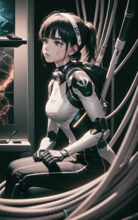 ((1 mechanical girl, single person, full body, mechanical joints, mechanical limbs, blood vessels connected to tubes, mechanical spine, attached to the back, mechanical neck, sitting, expressionless, wires and cables around the neck, wires and cables on the head, Masterpiece, superb, ultra-fine, ultra-fine 8K Unity game CG, extremely delicate and beautiful, viewed from the side, film light,)), ((high quality:1.2, masterpiece:1.2)),absurdres, high resolution,(8k resolution), 8k, 8kres, 8k res,high details, detailed and intricate, intricate details, high intricate details, absurd amount of details,super resolution, ultra hd, megapixel,landscape, outdoors,((upper body:1.2)), portrait, Painting,3D,Realism, VFX,FXAA,Shaders,Denoise, De-Noise, Natural Lighting,Neon Lights, Neon, Neon Lighting,
