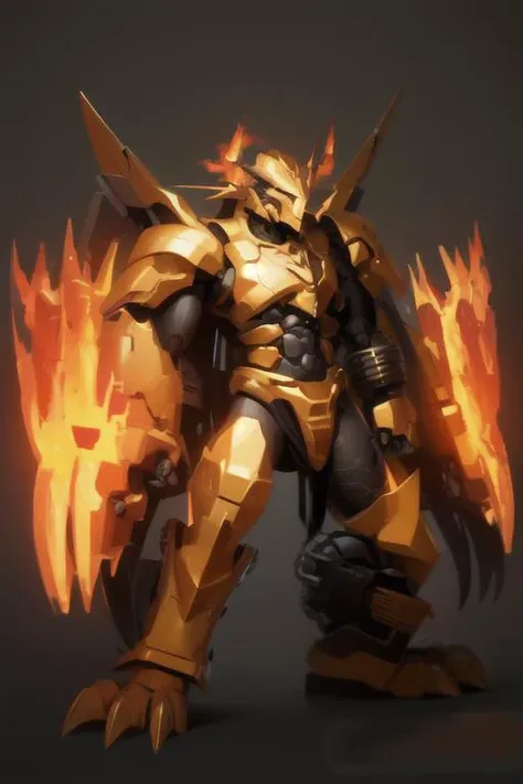 (masterpiece, top quality, best quality, official art, beautiful and aesthetic:1.2),(1man with full armor:1.3),neon lighting, (vibrant glow:1.2), extreme detailed,colorful,highest detailed ((ultra-detailed)), (highly detailed CG illustration),cinematic light,solo,(machine made joints:1.2),((machanical limbs)),(blood vessels connected to tubes),(character focus),science fiction,wargreymon, dragon mecha, golden metal skin,orange muscular, arm is ablaze with fire, eyes glowing red