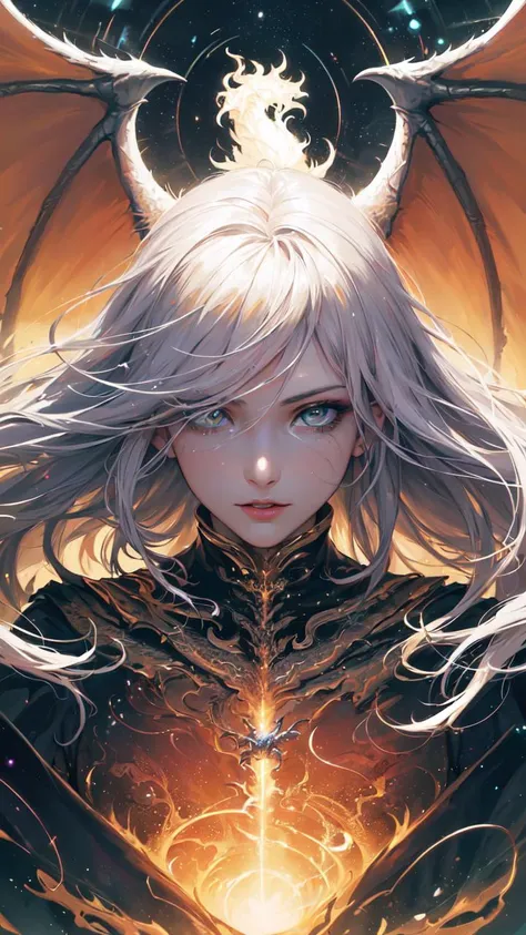 (masterpiece, top quality, best quality, official art, beautiful and aesthetic:1.2), (1girl), extreme detailed eyes, (fractal art:1.3), colorful, highest detailed, (perfect face), shiny skin, HDR, (white cloak golden lines:1.2), galaxy, (light streaks), striking visuals, (dynamic streaks, luminous trails:1.2), vibrant colors, (phoenix), (dragon)