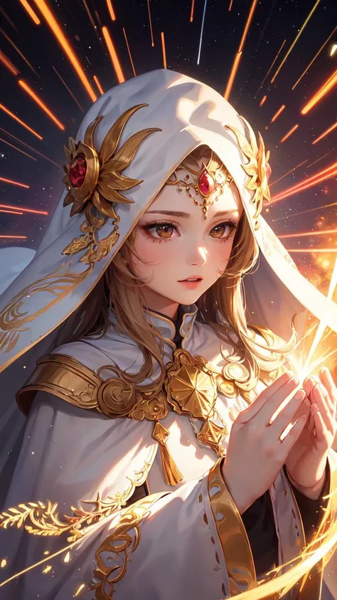 (masterpiece, top quality, best quality, official art, beautiful and aesthetic:1.2), (1girl), extreme detailed, (fractal art:1.3), colorful, highest detailed, perfect face, upper body, HDR, (praying:1.3), (white cloak golden lines:1.2), galaxy, (light streaks), striking visuals, (dynamic streaks, luminous trails:1.2), vibrant colors