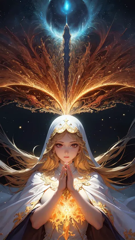 (masterpiece, top quality, best quality, official art, beautiful and aesthetic:1.2), (1girl), extreme detailed, (fractal art:1.3), colorful, highest detailed, perfect face, upper body, HDR, (praying:1.3), (white cloak golden lines:1.2), galaxy, (light streaks), striking visuals, (dynamic streaks, luminous trails:1.2), vibrant colors