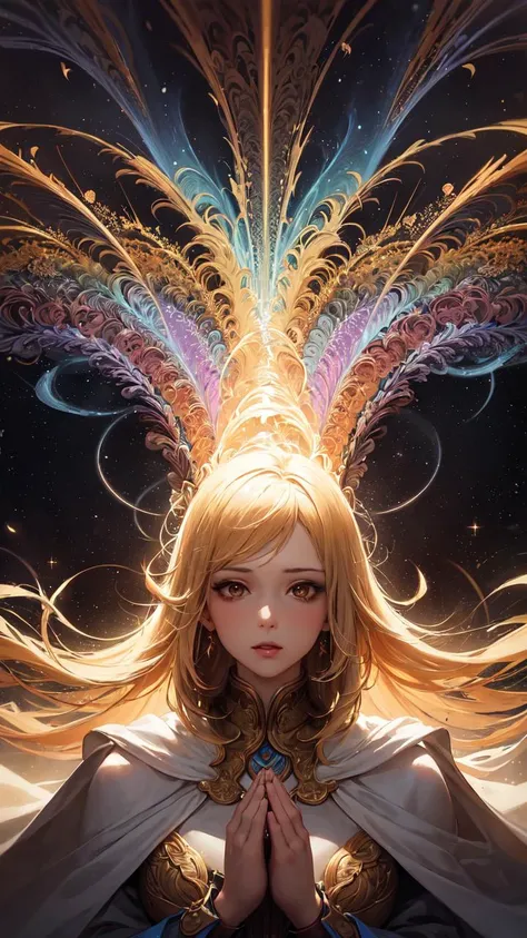 (masterpiece, top quality, best quality, official art, beautiful and aesthetic:1.2), (1girl), extreme detailed, (fractal art:1.3), colorful, highest detailed, perfect face, upper body, HDR, (praying:1.3), (white cloak golden lines:1.2), galaxy, (light streaks), striking visuals, (dynamic streaks, luminous trails:1.2), vibrant colors