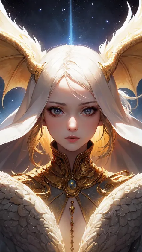 (masterpiece, top quality, best quality, official art, beautiful and aesthetic:1.2), (1girl), extreme detailed eyes, (fractal art:1.3), colorful, highest detailed, (perfect face), shiny skin, HDR, (white cloak golden lines:1.2), galaxy, (light streaks), striking visuals, (dynamic streaks, luminous trails:1.2), vibrant colors, (phoenix), (dragon)