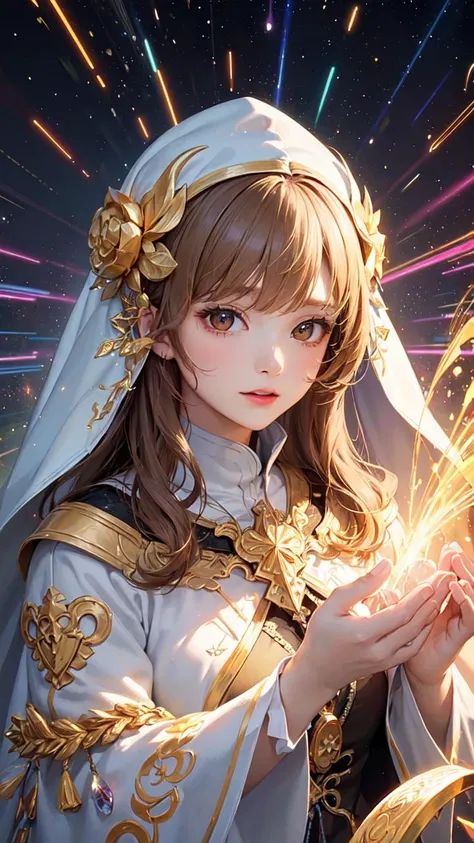 (masterpiece, top quality, best quality, official art, beautiful and aesthetic:1.2), (1girl), extreme detailed, (fractal art:1.3), colorful, highest detailed, perfect face, upper body, HDR, (praying:1.3), (white cloak golden lines:1.2), galaxy, (light streaks), striking visuals, (dynamic streaks, luminous trails:1.2), vibrant colors, <lora:japaneseDollLikeness_v15:0.4>, <lora:koreanDollLikeness_v20:0.15>
