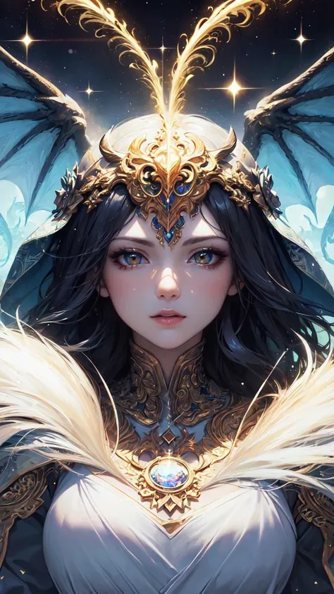 (masterpiece, top quality, best quality, official art, beautiful and aesthetic:1.2), (1girl), extreme detailed eyes, (fractal art:1.3), colorful, highest detailed, (perfect face), shiny skin, HDR, (white cloak golden lines:1.2), galaxy, (light streaks), striking visuals, (dynamic streaks, luminous trails:1.2), vibrant colors, (phoenix), (dragon)