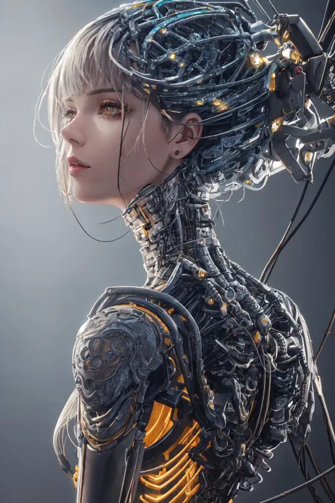 1mechanical girl,((ultra realistic details)), portrait, global illumination, shadows, octane render, 8k, ultra sharp,metal,intricate, ornaments detailed, cold colors, egypician detail, highly intricate details, realistic light, trending on cgsociety, glowing eyes, facing camera, neon details, machanical limbs,blood vessels connected to tubes,mechanical vertebra attaching to back,mechanical cervial attaching to neck,sitting,wires and cables connecting to head