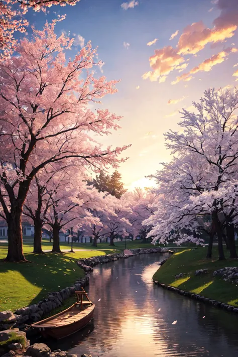 (masterpiece, best quality:1.2), ultra detailed, cinematic lighting, HDR, ilustration, park,river,1chair, sunrise,  cherry blossom, impressive, chill, inspirational,