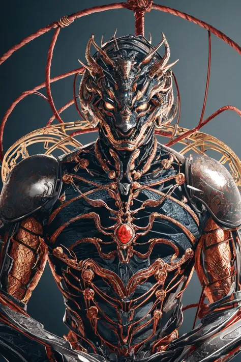 1mechanical man,((ultra realistic details)), portrait,octane render, 8k, ultra sharp,intricate, illumination,, metal, chinese style,chinese dragon, egypician detail, highly intricate details, realistic light, shadows, ornaments detailed, cold colors trending on cgsociety, glowing eyes, facing camera, neon details, machanical limbs,blood vessels connected to tubes,mechanical vertebra attaching to back,mechanical cervial attaching to neck,sitting,wires and cables connecting to head
