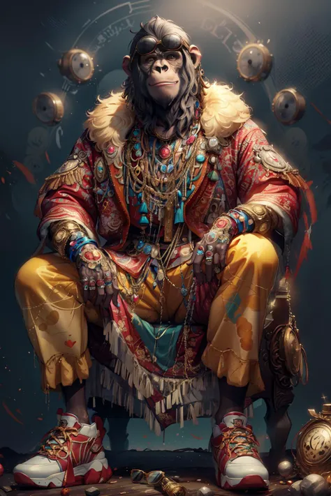 masterpiece, best quality, photorealistic ,fashionmonkey, gorilla, eyewear on head, gears, gem, goggles , gold, jewelry, magic circle,male_focus, owl, pants, shoes, sunglasses, tassel, throne,
<lora:fashionmonkey:1>
