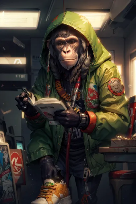 masterpiece, best quality, photorealistic ,fashionmonkey, gorilla,   blurry, book, cable, cyberpunk, gloves, green coat, holding, hood, solo,
 <lora:fashionmonkey:1>