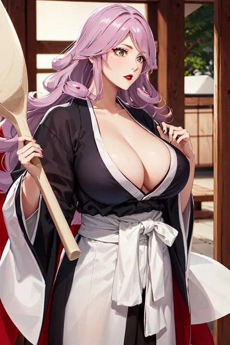<lora:hikifune:0.8> japanese clothes, black kimono, white haori, cleavage, lipstick, weapon, makeup, large breasts, long hair