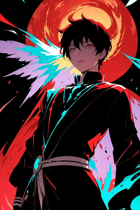 (flat color:1.3),(colorful:1.3),(masterpiece:1.2),best quality,original,extremely detailed wallpaper,looking at viewer,upperbody shot of a boy infused with lightning,fully clothed with blue long robe,highly detailed,extremely detailed,(red eyes:1.1),electric,(red moon:1.1),Rays of Shimmering Light,Cinematic Lighting,Matte,Stone,Milky Quartz,Opalite,Jewelry,Silk,Feathers,Water splash,Fog,Electric,Electricity,sparks,lensflare,rim lighting,backlighting,Bracelet,Chromatic Aberration,RTX,Post Processing,short hair,(From the lower left side:1.1),drop arms,From below,