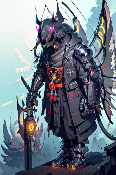 (masterpiece, top quality, best quality, official art:1.2),
extremely detailed, highest detail,highres, ((ultra-detailed)),
(anime), (watercolour), digital painting, intricate,
neon lighting, (vibrant glow), nighttime, detailed background, (glowing wings:1.5), (big feathery angelic wings:1.2), (flying through the sky), (clouds), (floating:1.3), (holding spear:1.2), (skydive), (falling from sky), (lens flare:1.2), (above the clouds:1.5), (angelic), Japanese details, (rat-like helmet:1.3), (samurai armour:1.6), (animal head), (angel:1.2), high in the skies, (scarf around neck), (full helmet), (hooded:1.1), (hood over head), shinto hood, (embroidered cloth:1.2), holy knight,
<lora:cyberhelmetv0.7:0.6>,
(1rat with futuristic wings:1.7), (long and very elongated rat cyberhelmet:1.5), (rat samurai with glowing wings:1.7), (1rat tail:1.2), (shaped like the head of a rat:1.3), (eye shield), (full body:1.5), full combat suit, black and white uniform, embroidered coat, (gray cape), (long snout:1.3), <lora:ukiyo-e3:0,8>, (long head:1.4), (long, pointy, big nose:1.6), (rat-ears:1.8),