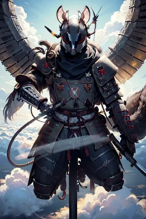 (masterpiece, top quality, best quality, official art:1.2),
extremely detailed, highest detail,highres, ((ultra-detailed)),
(anime), digital painting, intricate, (helmet rat mask:1.4),
neon lighting, (vibrant glow), nighttime, detailed background, (glowing wings:1.5), (big feathery angelic wings:1.2), (flying through the sky), (clouds), (floating:1.3),(holding weapen:1.2), (skydive), (falling from sky), (lens flare:1.2), (above the clouds:1.5), (angelic), Japanese details, (rat-like helmet:1.4), (samurai armour:1.6), (animal head), (angel:1.2), high in the skies, (scarf around the neck:1.1), (full helmet:1.2), (hooded:1.2), (cloaked head:1.3), shinto hood, (embroidered cloth:1.2), holy ninja, temple, (fur), rat monk,
<lora:cyberhelmetv0.7:1>,
(1rat with angel wings:1.7), (elongated rat cyberhelmet:1.6), (rat samurai with glowing wings:1.7), (shaped like the head of a rat:1.3), (1rat tail:1.2), (eye shield), (full body:1.5), full combat suit, black and white uniform, embroidered coat, (gray cape), (long snout:1.3), <lora:ukiyo-e3:0,8>, (long head:1.4), (long, pointy, big nose:1.6), (rat-ears:1.8), <lora:Battojutsu5:0.4>,