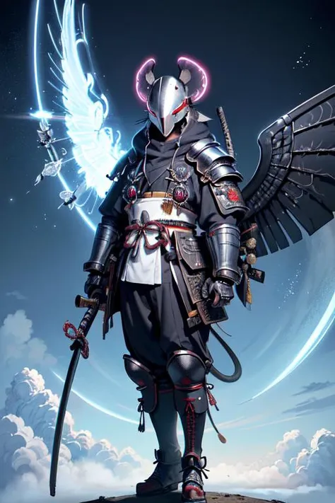 (masterpiece, top quality, best quality, official art:1.2),
extremely detailed, highest detail,highres, ((ultra-detailed)),
(anime), digital painting, intricate,
neon lighting, (vibrant glow), nighttime, detailed background, (glowing wings:1.5), (big feathery angelic wings:1.2), (flying through the sky), (clouds), (floating:1.3),(holding weapen:1.2), (skydive), (falling from sky), (lens flare:1.2), (above the clouds:1.5), (angelic), Japanese details, (rat-like helmet:1.4), (samurai armour:1.6), (animal head), (angel:1.2), high in the skies, (scarf around the neck:1.1), (full helmet:1.2), (hooded:1.2), (cloaked head:1.3), shinto hood, (embroidered cloth:1.2), holy knight, temple,
<lora:cyberhelmetv0.7:1>,
(1rat with angel wings:1.7), (elongated rat cyberhelmet:1.6), (rat samurai with glowing wings:1.7), (shaped like the head of a rat:1.3), (1rat tail:1.2), (eye shield), (full body:1.5), full combat suit, black and white uniform, embroidered coat, (gray cape), (long snout:1.3), <lora:ukiyo-e3:0,8>, (long head:1.4), (long, pointy, big nose:1.6), (rat-ears:1.8), <lora:Battojutsu5:0.4>,