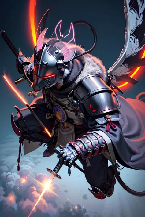 (masterpiece, top quality, best quality, official art:1.2),
extremely detailed, highest detail,highres, ((ultra-detailed)),
(anime), digital painting, intricate,
neon lighting, (vibrant glow), nighttime, detailed background, (glowing wings:1.5), (big feathery angelic wings:1.2), (flying through the sky), (clouds), (floating:1.3), (holding spear:1.2), (skydive), (falling from sky), (lens flare:1.2), (above the clouds:1.5), (angelic), Japanese details, (rat-like helmet:1.3), (samurai armour:1.6), (animal head), (angel:1.2), high in the skies, (scarf around the neck:1.1), (full helmet), (hooded:1.2), (hood over head), shinto hood, (embroidered cloth:1.2), holy knight, temple,
<lora:cyberhelmetv0.7:0.6>,
(1rat with angel wings:1.7), (elongated rat cyberhelmet:1.5), (rat samurai with glowing wings:1.7), (1rat tail:1.2), (shaped like the head of a rat:1.3), (eye shield), (full body:1.5), full combat suit, black and white uniform, embroidered coat, (gray cape), (long snout:1.3), <lora:ukiyo-e3:0,8>, (long head:1.4), (long, pointy, big nose:1.5), (rat-ears:1.8),