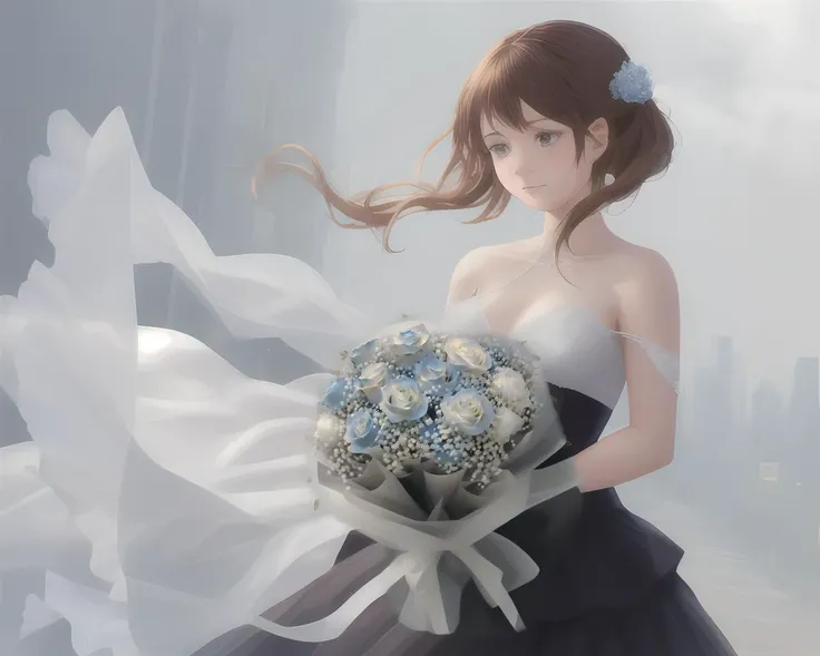 1girl,holding bouquet, bouquet,blue rose,white rose,white gypsophila paniculata,white packing,  <lora:BouquetLatin_V13:1>