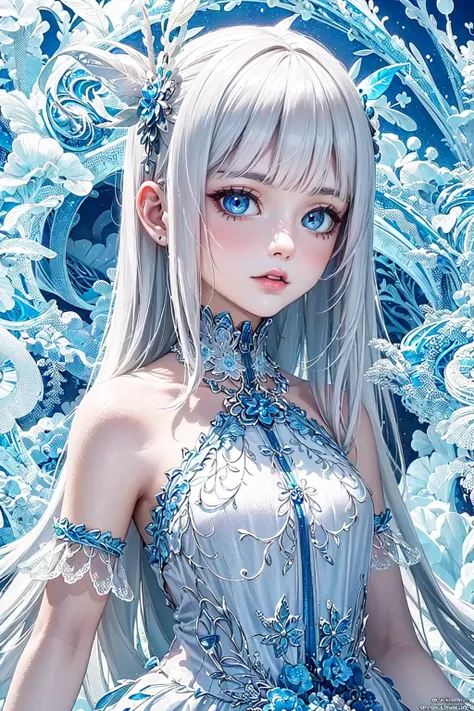 (masterpiece, top quality, best quality, official art, beautiful and aesthetic:1.2), (one white long hair female child), extreme detailed,(fractal art:1.4),colorful,highest detailed, blue eyes, close up,