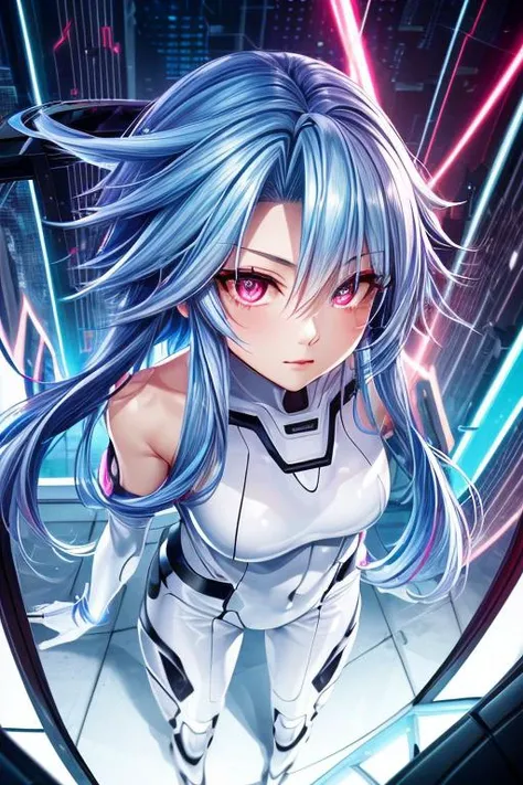(masterpiece, best quality, highres, absurdres, ultra-detailed:1.3), 1girl, (tron, cyberspace, techno, cyberpunk, pink and cyan neon light rays, iridescent, holographic, hdr: 1.6), (white heart, blue hair, red eyes, short hair with long locks, bare shoulders, symbol-shaped pupils, white bodysuit, from above:1.3), <lora:whiteHeartNeptunia_v1:0.6>,<lora:add_detail_v1:0.9>