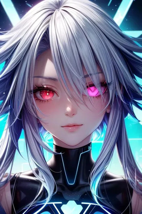 (masterpiece, best quality, highres, absurdres, ultra-detailed:1.3), 1girl, (tron, cyberspace, techno, cyberpunk, pink and cyan neon light rays, iridescent, holographic, hdr: 1.6), (white heart, blue hair, red eyes, short hair with long locks, bare shoulders, symbol-shaped pupils, white bodysuit, wink, portrait closeup:1.3),  <lora:whiteHeartNeptunia_v1:0.6>,<lora:add_detail_v1:0.9>