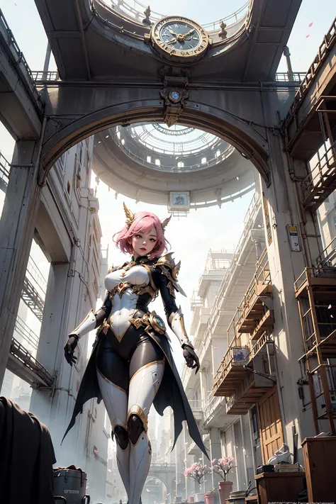 (1girl:1.1),bodysuit,armor,short hair,(looking back:0.4),(from below:1.4),bridge,building,city,clock,gears,gun,(best quality:1.4),((masterpiece)),((realistic)),(detailed),(photorealistic:1.4),<lora:koreanDollLikeness:0.4>,<lora:Niji:0.5>,(white theme:0.7),, (masterpiece, best quality, ultra-detailed, best shadow),, Radiant pale pink rose - shaped clouds and sakura blossoms surround a floating fantasy mansion in the sky, pale pastels, fantasy, enchanted dreamland, magical fairy landscape seen in the distance, atmospheric lighting, intricate, elegant, volumetric lighting, dot matrix digital painting, highly detailed, artstationHQ, sharp focus, illustration, concept art, magical realism
