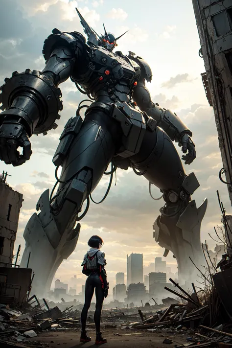 (1girl:1.1),bodysuit,armor,short hair,(looking back:0.4),(from below:1.4),bridge,building,city,clock,gears,gun,(best quality:1.4),((masterpiece)),((realistic)),(detailed),(photorealistic:1.4),<lora:koreanDollLikeness:0.4>,<lora:Niji:0.4>,(white theme:0.6),, (masterpiece, best quality, ultra-detailed, best shadow),, In the style of Neon Genesis Evangelion, you find yourself standing on a desolate, post - apocalyptic wasteland, as the distant ruins of a massive city loom on the horizon. The sky is filled with ominous clouds, as a massive creature towers in the distance, (masterpiece, best quality, ultra-detailed, best shadow),, In the style of Neon Genesis Evangelion, you find yourself standing on a desolate, post - apocalyptic wasteland, as the distant ruins of a massive city loom on the horizon. The sky is filled with ominous clouds, as a massive creature towers in the distance