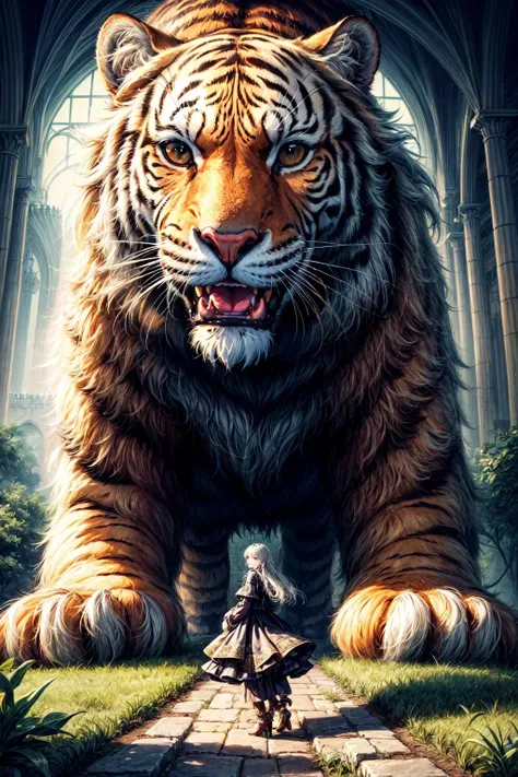 (masterpiece, top quality, best quality, official art, beautiful and aesthetic:1.2), (1girl), extreme detailed,(fractal art:1.3), colorful, highest detailed, ancient tower, castle, tiger, bear, <lora:add_detail:1.5>