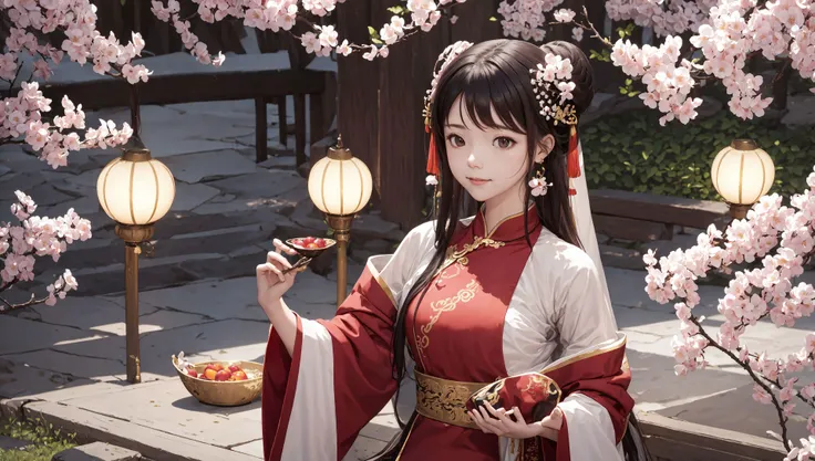 (Masterworks), the best, 8K wallpapers, illustrations, HD quality, full of storytelling, complex backgrounds, exquisite details, rich visual effects, vibrant colors, layered highlights, shadows and details, and cinematic quality, exquisite and master lighting, cinematic composition, cinematic lighting, master composition, master coloring, 16K, super clear, wallpapers,
girl,<lora:gzface:0.6> long hair, jewelry,brunette, hanbok, sitting, Chinese dress, skirt, hair ornament, long sleeves, holding, outdoor, tree, belt, fringe, flower, very long hair, rock, closed mouth, looking at audience, fringe earrings, forehead markings, smile, partial bangs, sky,scheme, ornate patterns, aristocratic, patterns, ornaments, jewelry, hair clips, hair bun, holding ancient wine jug, romanticism, romantic colors, classical poetry, dreams, drunkenness, background (many red lanterns, ancient Chinese architecture, plum blossoms), (ancient Chinese architecture: 1. 8), (Chinese style: 1. 8), (plum blossoms scattered: 1. 8), (full branch of plum blossoms from corner of picture) appears: 1. 8), (close-up above thigh: 1.8), (close-up: 2.8), (many red lanterns: 1.8), (sword: 1.8), (ancient Chinese jug on the ground: 2.8), (sword on the ground: 2.8), (holding head with one hand), (sitting on a wild rock: 2. 6), (strong wind: 1.6), (classical Chinese style: 1.6), drunk, (crystal Jade Bowl: 1.6), (Drunk: 1.8), Spilling Wine, (Plum Blossom: 1.6), (Master Light: 1, 9), (Master Color: 1.9), (Master Composition: 1.9),