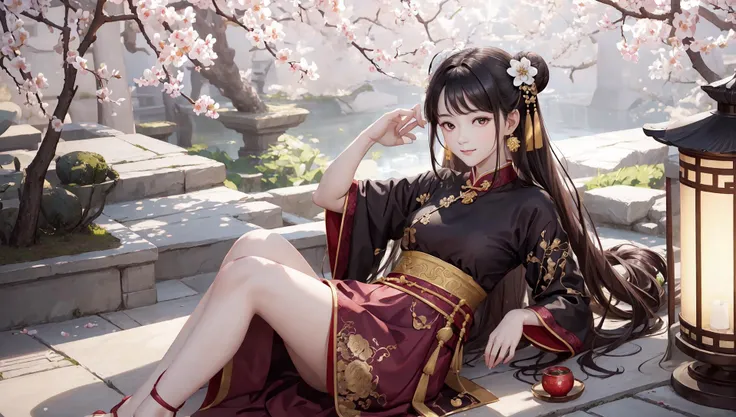 (Masterworks), the best, 8K wallpapers, illustrations, HD quality, full of storytelling, complex backgrounds, exquisite details, rich visual effects, vibrant colors, layered highlights, shadows and details, and cinematic quality, exquisite and master lighting, cinematic composition, cinematic lighting, master composition, master coloring, 16K, super clear, wallpapers,
girl,<lora:gzface:0.6> long hair, <lora:GoodHands-beta2:1>,jewelry,brunette, hanbok, sitting, Chinese dress, skirt, hair ornament, long sleeves, holding, outdoor, tree, belt, fringe, flower, very long hair, rock, closed mouth, looking at audience, fringe earrings, forehead markings, smile, partial bangs, sky,scheme, ornate patterns, aristocratic, patterns, ornaments, jewelry, hair clips, hair bun, holding ancient wine jug, romanticism, romantic colors, classical poetry, dreams, drunkenness, background (many red lanterns, ancient Chinese architecture, plum blossoms), (ancient Chinese architecture: 1. 8), (Chinese style: 1. 8), (plum blossoms scattered: 1. 8), (full branch of plum blossoms from corner of picture) appears: 1. 8), (close-up above thigh: 1.8), (close-up: 2.8), (many red lanterns: 1.8), (sword: 1.8), (ancient Chinese jug on the ground: 2.8), (sword on the ground: 2.8), (holding head with one hand), (sitting on a wild rock: 2. 6), (strong wind: 1.6), (classical Chinese style: 1.6), drunk, (crystal Jade Bowl: 1.6), (Drunk: 1.8), Spilling Wine, (Plum Blossom: 1.6), (Master Light: 1, 9), (Master Color: 1.9), (Master Composition: 1.9), <lora:GoodHands-beta2:1>