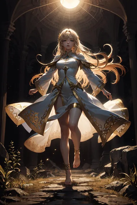 1girl,White sacrificial robe inlaid with gold thread,(long golden hair:1.2),(holographic:1.1),front view,sun pattern,1800s,combat readiness,in the wilderness,
masterpiece,top quality,best quality,official art,beautiful and aesthetic,(fractal art),(mysterious:1.1),(barefoot:1.2),sacred,(conservative clothing:1.2),<lora:Bloodborne:0.4>,loose robe