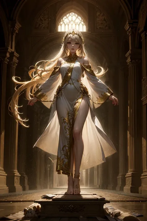 1girl,White sacrificial robe inlaid with gold thread,(long golden hair:1.2),(holographic:1.1),front view,sun pattern,1800s,combat readiness,in the wilderness,
masterpiece,top quality,best quality,official art,beautiful and aesthetic,(fractal art),(mysterious:1.1),(barefoot:1.2),sacred,(conservative clothing:1.2),<lora:Bloodborne:0.4>,loose robe