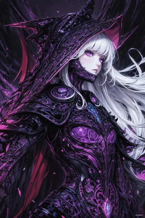 (style of Philippe Druillet:1.3), dark purple theme, (dark theme:1.2), 1girl, white hair, violet eyes, dark purple armor, glowing body, cape, masterpiece, best quality, ultra high res, <lora:add_detail:1>