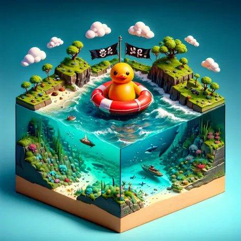 Best quality,masterpiece,ultra high res,<lora:slf2:0.7>,
shuilifang,watercraft,ship,island,no humans,flag,cloud,day,palm tree,ocean,bird,tree,outdoors,water,sky,fish,beach,boat,flower,scenery,innertube,rubber duck,
