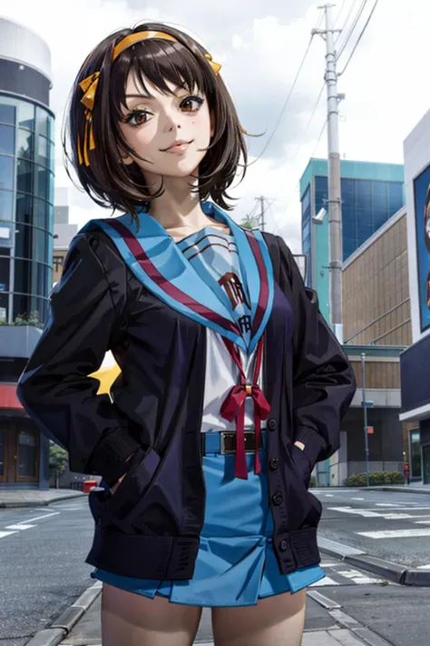 photo,realistic,
suzumiya haruhi, hiranoaya
looking at viewer, smile,
suzumiya haruhi, hair ribbon, hair band
cardigan, winter uniform, serafuku, blue skirt, thighhighs,long long sleeves,
<lora:HaruhiSuzumiya:1>
<lora:hiranoaya_lora-06:0.8>