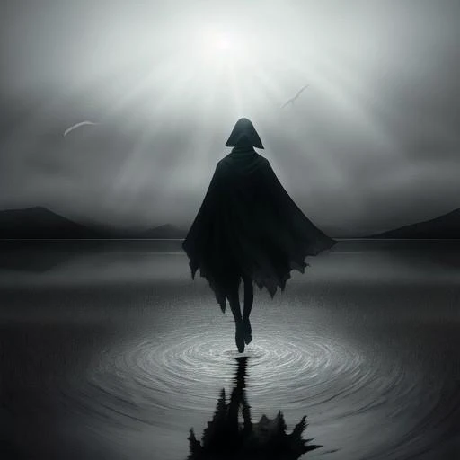 A painting of a tall and slender ghostly figure levitating over a quiet lake, dressed all in black with a long flowing veil cape covering her face. The light from behind is shining through the mist behind and casting a shadow onto water, in the style of Greg Rutkowski.