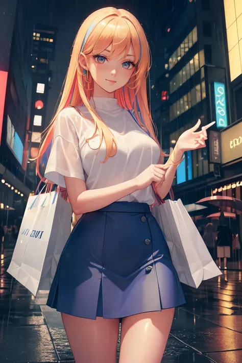 (((Masterpiece))),(((best quality))),(highly detailed CG illustration),((a extremely delicate and beautiful)),young,full body,soft short skirt, t-shirt, long blonde hair, modern clothing, ((streetwear)),Perfect Eyes,(((standing in rain))), ((in the city)),(((holding shopping bags))), (((blue filter))), (((alone))), view of the city,smiling, happy, perfect hands, pretty hands, good hands <lora:GoodHands-beta2:1>, (((beautiful long eyelashes))), ((thick thighs)), (((colorful signs)))