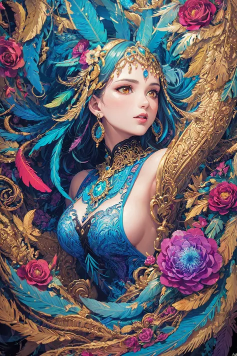 (masterpiece, top quality, best quality, official art, beautiful and aesthetic:1.2), (1girl:1.3), extremely detailed,(fractal art:1.1),(colorful:1.1)(flowers:1.3),highest detailed,(zentangle:1.2), (dynamic pose), (abstract background:1.3), (shiny skin), (many colors:1.4), ,(earrings:1.4), (feathers:1.4)