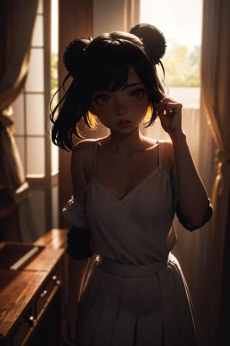 Best quality, masterpiece, ultra high res, raw photo, beautiful and aesthetic,deep shadow, dark theme,(photorealistic:1.4),
a girl in a white shirt and a pleated skirt, standing, freckles, bow hair ornament, sunlight backlight,
evocative atmosphere, magnetic presence, refined seduction, captivating mystique,
a single female figure, astonishing level of detail, generously endowed, portrait composition, striking perspective, a chaotic masterpiece, gracefully poised, vibrant color palette, undertones
<lora:backlight_slider_v10:-1.5>