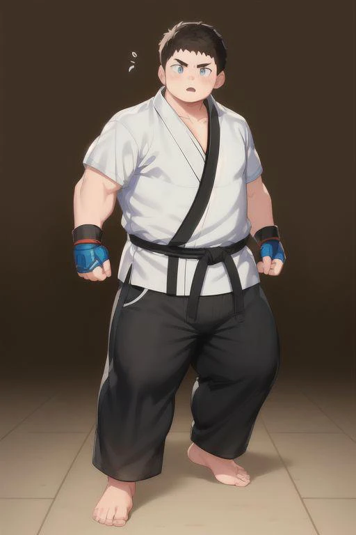 1boy,((fighting fingerless glove)),((barefoot)),,(bara),(stocky),(confident face),((chubby:0.8)),(((very short hair))),((long trousers)) <lora:TRAIN_1659586819432992770.safetensors:0.1><lora:TRAIN_1680954186795233281.safetensors:0.3><lora:TRAIN_1681894498539622401.safetensors:0.4>