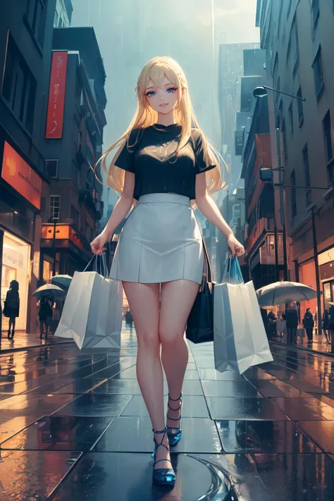 (((Masterpiece))),(((best quality))),(highly detailed CG illustration),((a extremely delicate and beautiful)),young,full body,soft short skirt, t-shirt, long blonde hair, modern clothing, ((streetwear)),Perfect Eyes,(((standing in rain))), ((in the city)),(((holding shopping bags))), (((blue filter))), (((alone))), view of the city,smiling, happy, perfect hands, pretty hands, good hands <lora:GoodHands-beta2:1>, (((beautiful long eyelashes))), ((thick thighs)), (((aesthetic))), vibe, (((night time))), (((Perfect face))), (((detailed eyes))), ((symmetrical eyes))