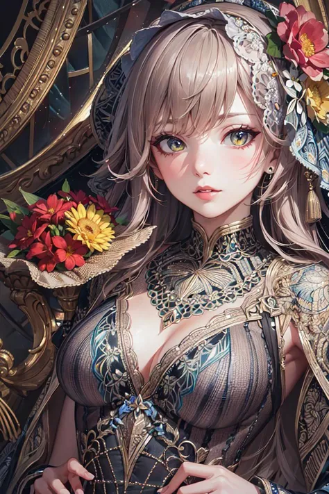 absurdres, highres, ultra detailed, (ultra-detailed background, detailed background), extremly detailed, 1girl, bunch of flowers, (zentangle:1.2), (geometric:1.2),