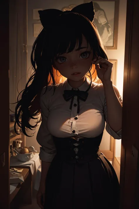 Best quality, masterpiece, ultra high res, raw photo, beautiful and aesthetic,deep shadow, dark theme,(photorealistic:1.4),
a girl in a white shirt and a pleated skirt, standing, freckles, bow hair ornament, sunlight backlight,
evocative atmosphere, magnetic presence, refined seduction, captivating mystique,
a single female figure, astonishing level of detail, generously endowed, portrait composition, striking perspective, a chaotic masterpiece, gracefully poised, vibrant color palette, undertones
<lora:backlight_slider_v10:-1.5>