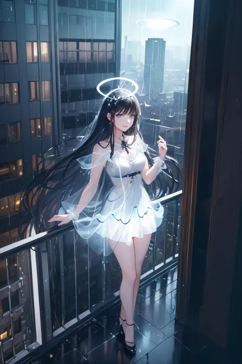 (((Masterpiece))),(((best quality))),(highly detailed CG illustration),((a extremely delicate and beautiful)),young,full body,goth,black short skirt, long black hair,(((white floating, glowing halo))),Perfect Eyes,(((standing in rain))), in the city, (((blue filter))), (((alone))), (((city top balcony))),((high rise condo)), view of the city, (cyberpunk), sci-fi, ((outside)), smiling, happy, perfect hands, pretty hands, good hands <lora:GoodHands-beta2:1>